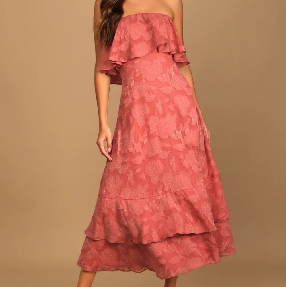 Love You So Truly Rusty Rose Burnout Floral Strapless Midi Dress